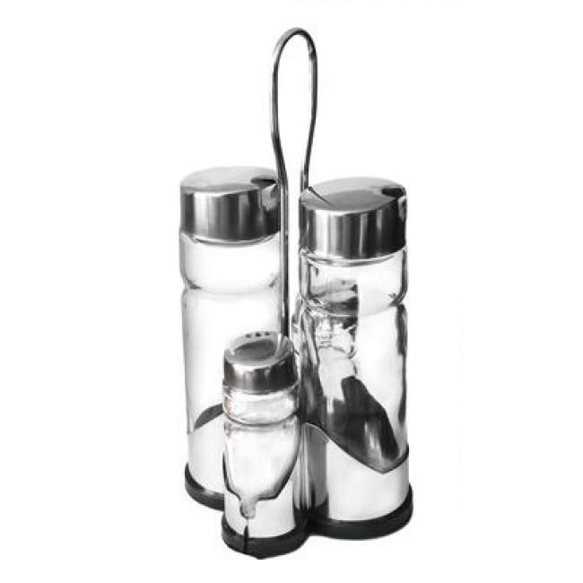 Стъклен оливерник от 5 части на стойка хром/пластмаса CONDIMENT SET (H3031) - Horecano