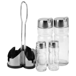 Стъклен оливерник от 5 части на стойка хром/пластмаса CONDIMENT SET (H3031) - Horecano