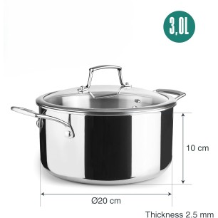Иноксова тенджера със стъклен капак, 18/10, ф20см, h10см, 2,5мм, 3л, TriChef – Lacor