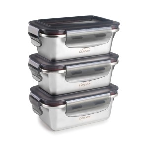 Комплект иноксови кутии за храна с полипропиленови капаци и силиконово уплътнение, правоъгълни, 260мл, 12,5x9xh5см, стакабъл, ECOINOX - Lacor