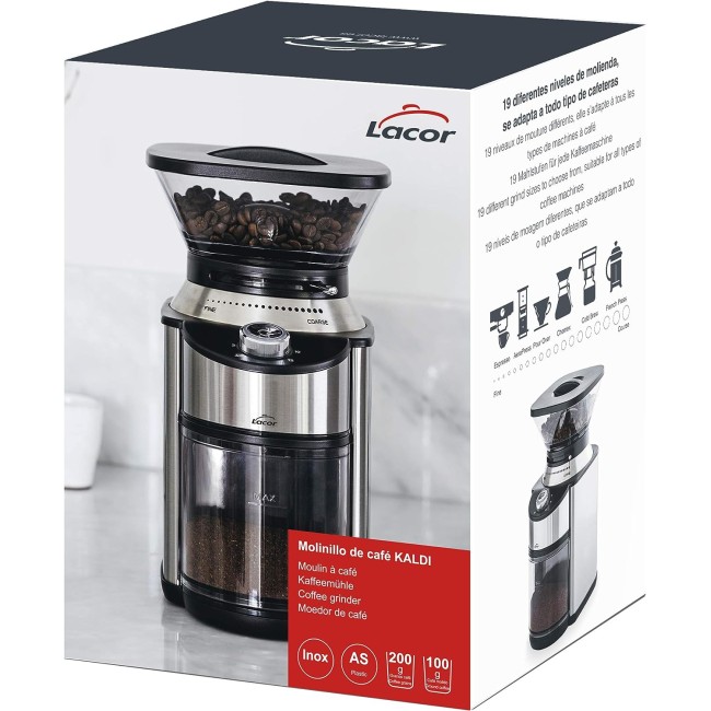 Електрическа мелничка за кафе, 220-240V, 50/60Hz, 200W, 12 нива, 15,2x21x26см, 1,85л, KALDI – Lacor