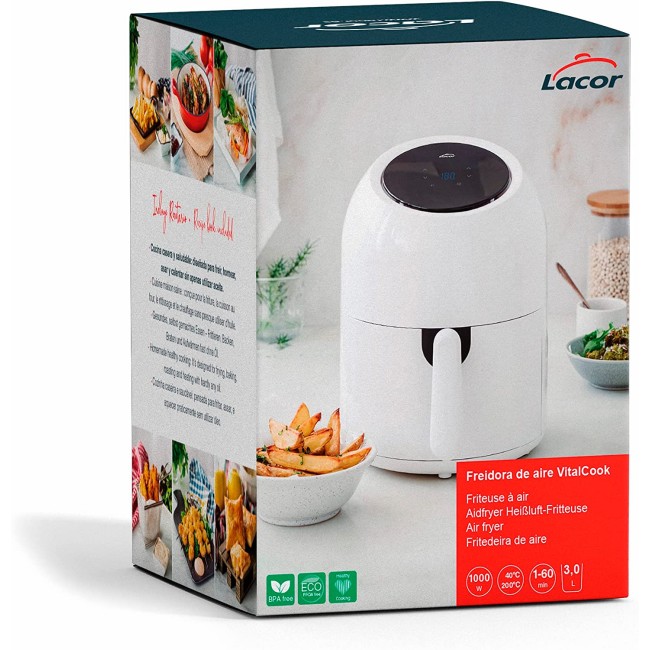 Уред за здравословно готвене / Air Fryer, 220-240V, 50/60Hz, 1000W, 40°C - 200°C, таймер: от 1 до 60мин, 3л, 34x25x33см, бял, VITALCOOK – Lacor