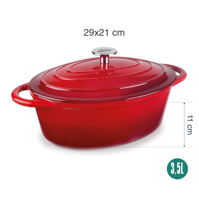 Чугунена касерола / тенджера с емайлирано покритие, овална, 3,5л, 29x21см, h11см, червена, RED AND OCEAN – Lacor