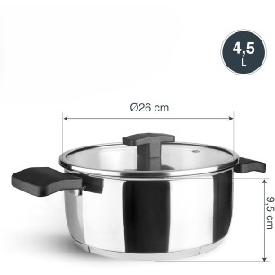 Иноксова тенджера със стъклен капак, ф26см, h9,5см, 4,5л, Caliza – Lacor