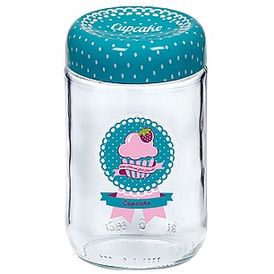 Стъклен буркан с декор  син 660мл CUPCAKE  M-131023 - Horecano