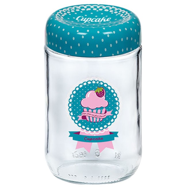 Стъклен буркан с декор  син 660мл CUPCAKE  M-131023 - Horecano