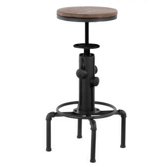 Бар стол регулиеруем dia 33x60-75см метал/дърво ANTIQUE-OLD SCHOOL BLACK-(593) -  Horecano