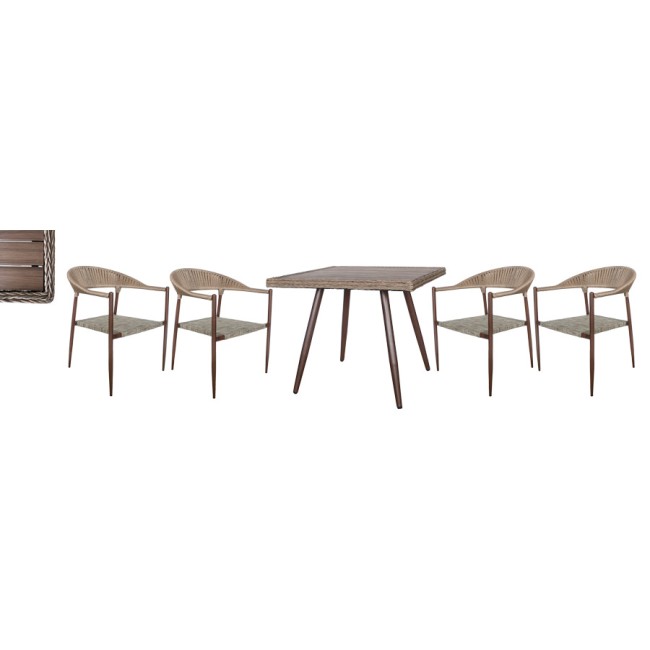 Бистро сет от квадратна маса 90x90xh75см и 4 стола с текстил 62x65xh79см PLASTIC WOOD NATURAL-(RC-387 + RT-573) - Horecano