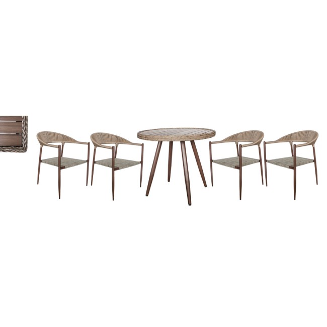 Бистро сет от кръгла маса 90xh75см и 4 стола с текстил 62x65xh79см PLASTIC WOOD NATURAL-(RT-573 + RC-387) - Horecano