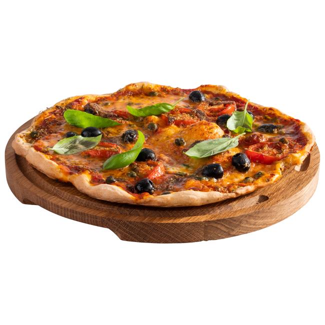 Дървена дъска за сервиране на пица с улей за сок/течности, ф29см, h2см, „PIZZA“ – APS