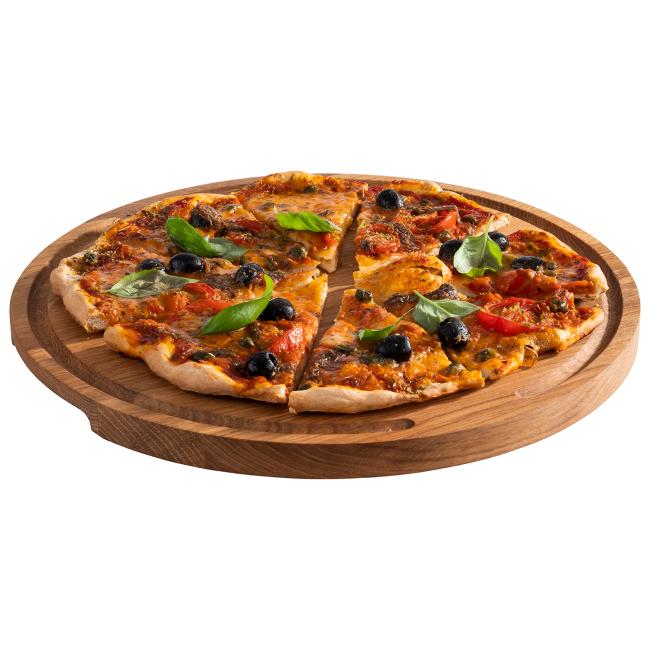 Дървена дъска за сервиране на пица с улей за сок/течности, ф34см, h2см, „PIZZA“ – APS