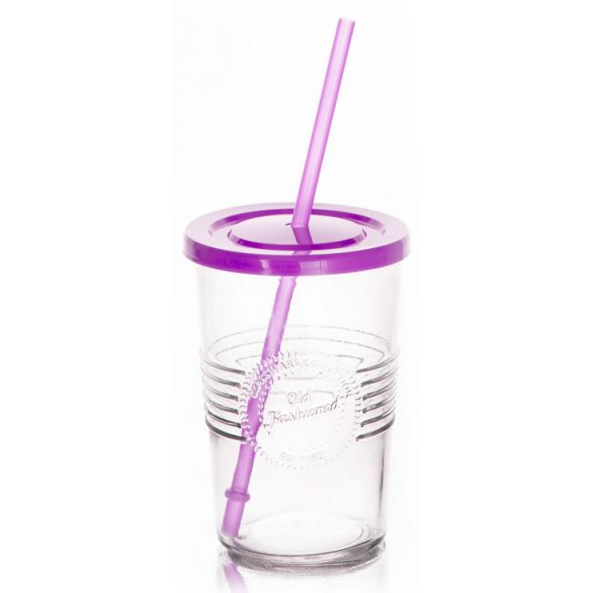 Стъклена чаша  с пластмасов капак и сламка лилава 590мл OLD FASHIONED- (212615D)  - Horecano