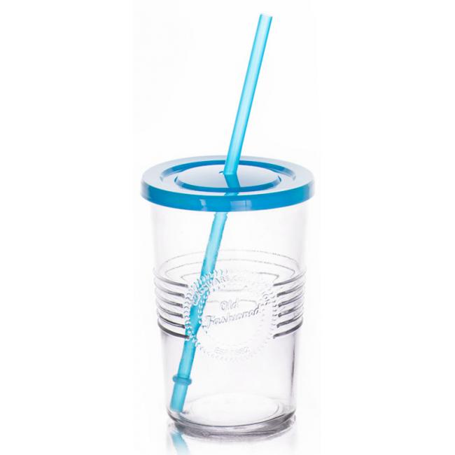 Стъклена чаша  с пластмасов капак и сламка синя 590мл OLD FASHIONED-(212615D)   - Horecano
