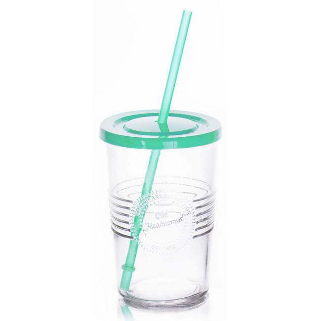 Стъклена чаша    с пластмасов капак и сламка зелена  590мл  OLD FASHIONED-(212615D)     - Horecano
