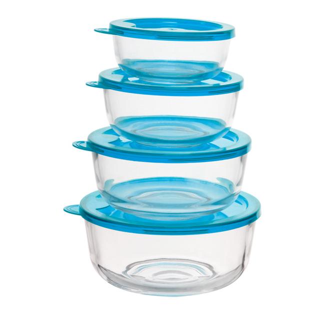 Комплект от 4 стъклени купи с капак, 360мл, 650мл, 1,05л, 1,5л, синьо, КС-(CW04032/BHA) - Horecano