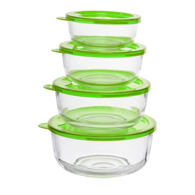 Комплект от 4 стъклени купи с капак, 360мл, 650мл, 1,05л, 1,5л, зелено, КС-(CW04032/BHA) - Horecano