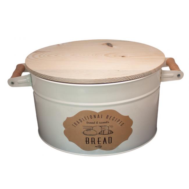 Метална кутия за съхранение на хляб с дървен капак бежова FERONYA-(FEMU-28)