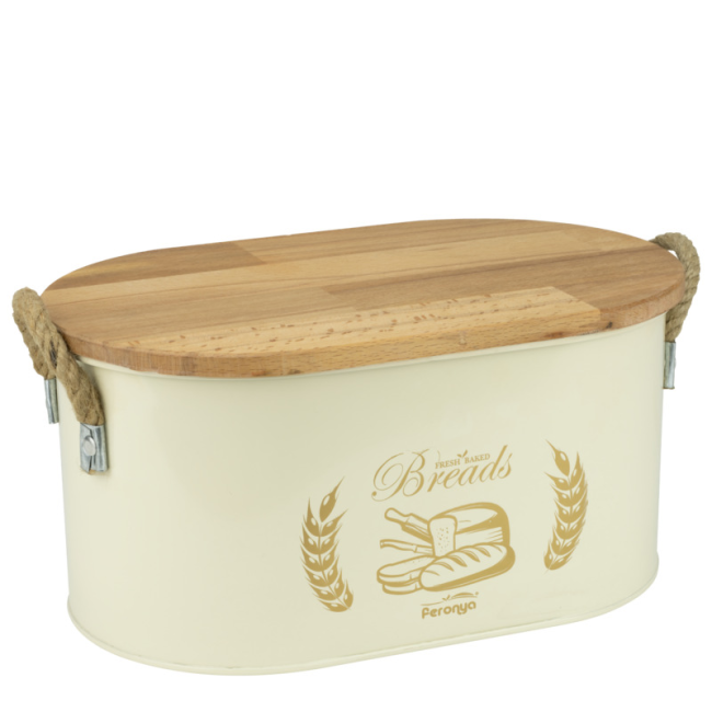 Метална кутия за съхранение на хляб с дървен капак бежова FERONYA-(FEMU-28)