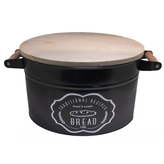 Метална кутия за съхранение на хляб с дървен капак черна FERONYA-(FEMU-28)