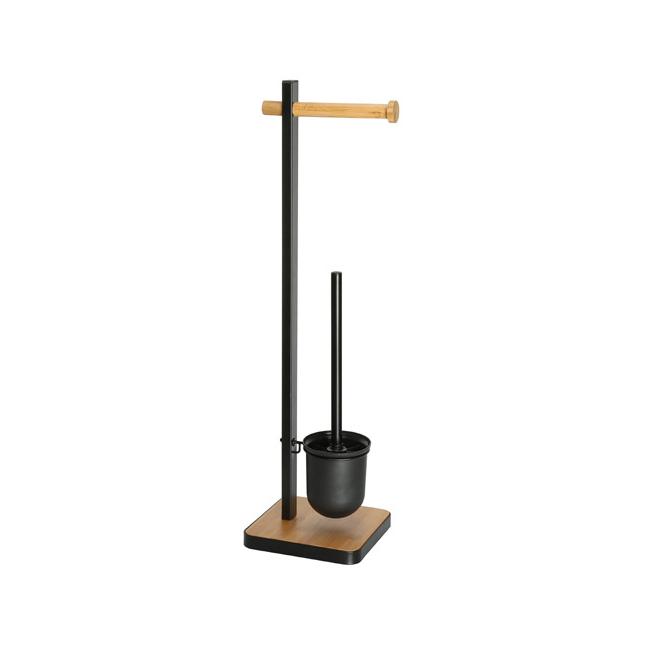 Метална стойка с бамбук за тоалетна хартия и WC четка черен мат 21x18xh67см G-(82752-001) - Horecano