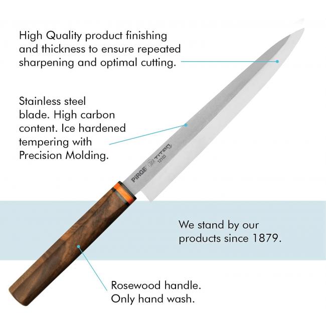 Нож за суши и сашими от неръждаема стомана с дървена дръжка Yanagiba 23см PIRGE-TITAN EAST-(12103)
