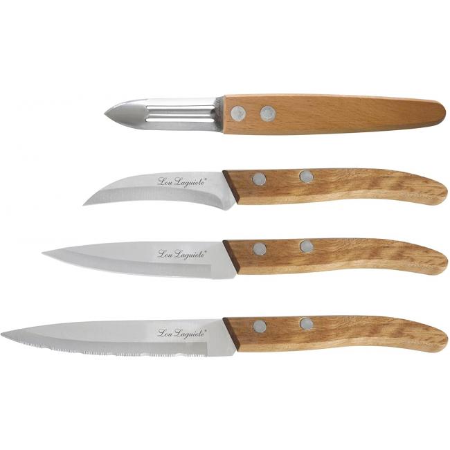 Комплект от 3 ножа и 1 белачка за белене/рязане на плодове и зеленчуци с дървени дръжки WOOD - Lou Laguiole