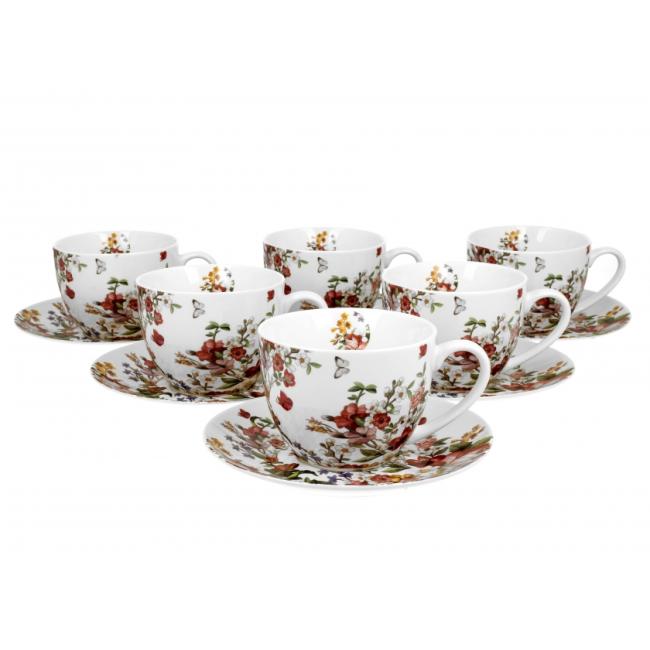 Комплект от 6 порцеланови чаши с подложни чинийки с декор “ВИНТИДЖ ЦВЕТЯ” в подаръчна кутия, 250мл, ф9см, h7см – DUO