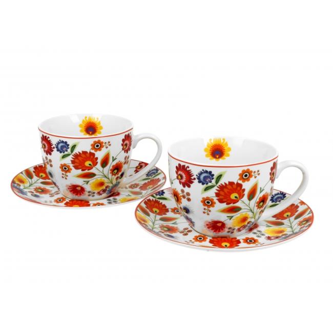 Комплект от 2 порцеланови чаши с подложни чинийки с декор “ŁOWICZ” в подаръчна кутия, 250мл, ф9см, h7см – DUO