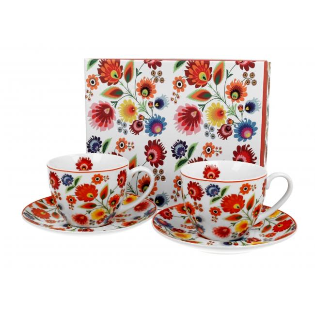 Комплект от 2 порцеланови чаши с подложни чинийки с декор “ŁOWICZ” в подаръчна кутия, 250мл, ф9см, h7см – DUO