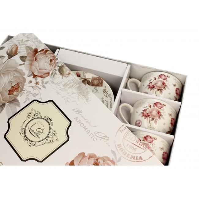 Комплект от 6 порцеланови чаши с подложни чинийки с декор “SECESSION” в подаръчна кутия, 250мл, ф9см, h7см – DUO