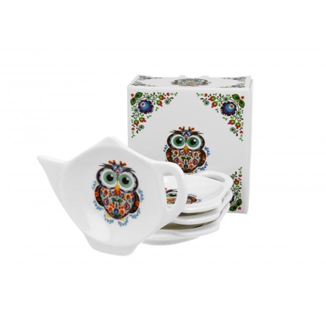 Комплект от 4 порцеланови поставки за пакетчета чай с декор “ЕТНО БУХАЛ” в подаръчна кутия, ф8,5см, h2см – DUO