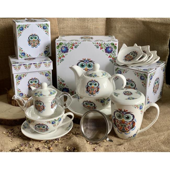 Комплект от 4 порцеланови поставки за пакетчета чай с декор “ЕТНО БУХАЛ” в подаръчна кутия, ф8,5см, h2см – DUO