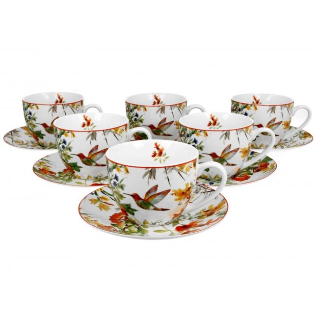 Комплект от 6 порцеланови чаши с подложни чинийки с декор “LINNEA” в подаръчна кутия, 250мл, ф9см, h7см – DUO