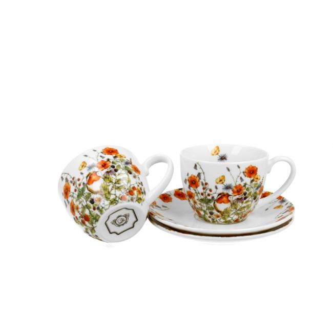 Комплект от 2 порцеланови чаши с подложни чинийки с декор “ДИВА ПТИЦА” в подаръчна кутия, 250мл, ф9см, h7см – DUO