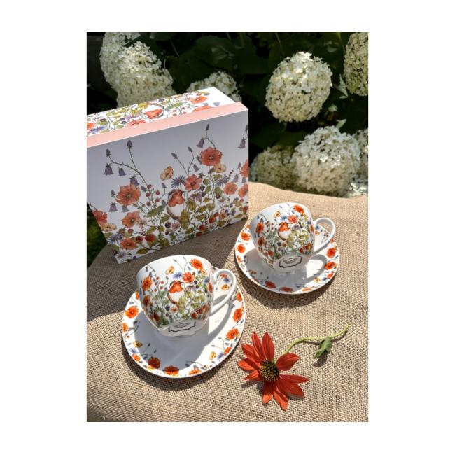 Комплект от 2 порцеланови чаши с подложни чинийки с декор “ДИВА ПТИЦА” в подаръчна кутия, 250мл, ф9см, h7см – DUO