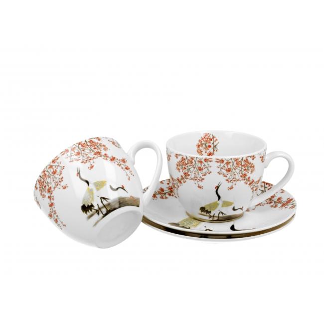 Комплект от 2 порцеланови чаши с подложни чинийки с декор “САКУРА И ЖЕРАВИ” в подаръчна кутия, 250мл, ф9см, h7см – DUO