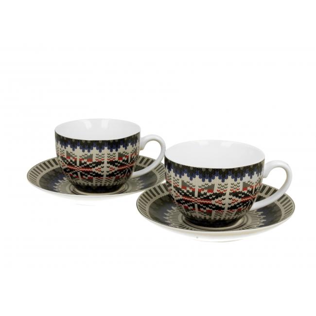 Комплект от 2 порцеланови чаши с подложни чинийки с декор “СИН ПУЛОВЕР” в подаръчна кутия, 250мл, ф9см, h7см – DUO