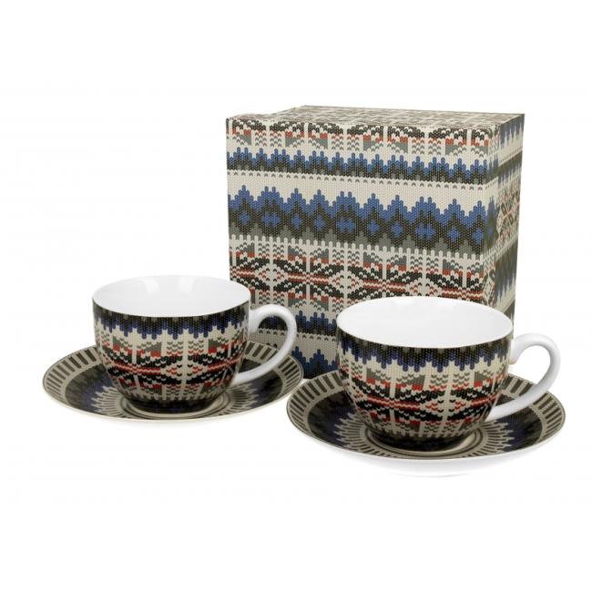 Комплект от 2 порцеланови чаши с подложни чинийки с декор “СИН ПУЛОВЕР” в подаръчна кутия, 250мл, ф9см, h7см – DUO