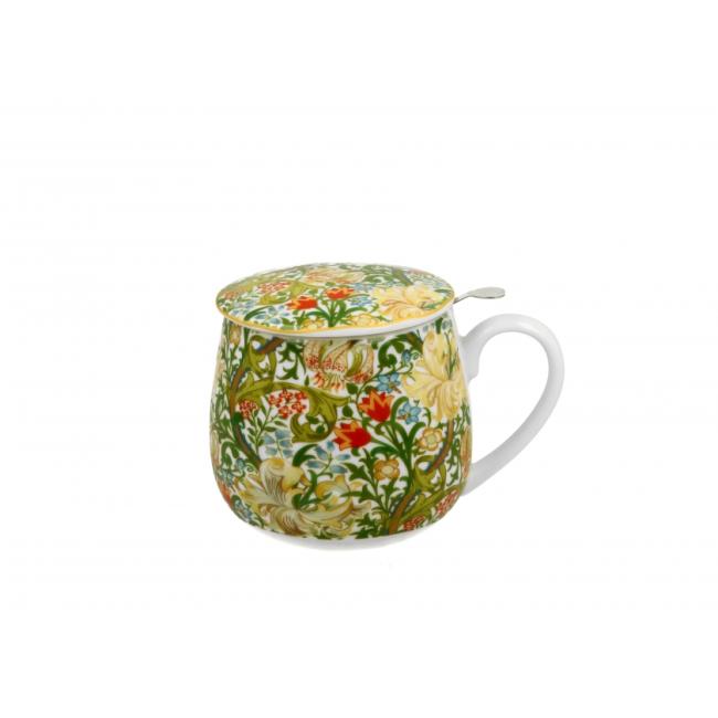 Порцеланова чаша с декор “ЗЛАТНА ЛИЛИЯ” , вдъхновен от Уилям Морис, с цедка и капаче в подаръчна кутия, 430мл, ф8см, h9,8см – DUO