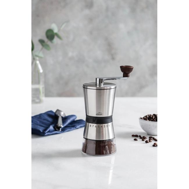 Мелничка за кафе, ръчна, инокс/стъкло, 45гр, 21см – Lacor 
