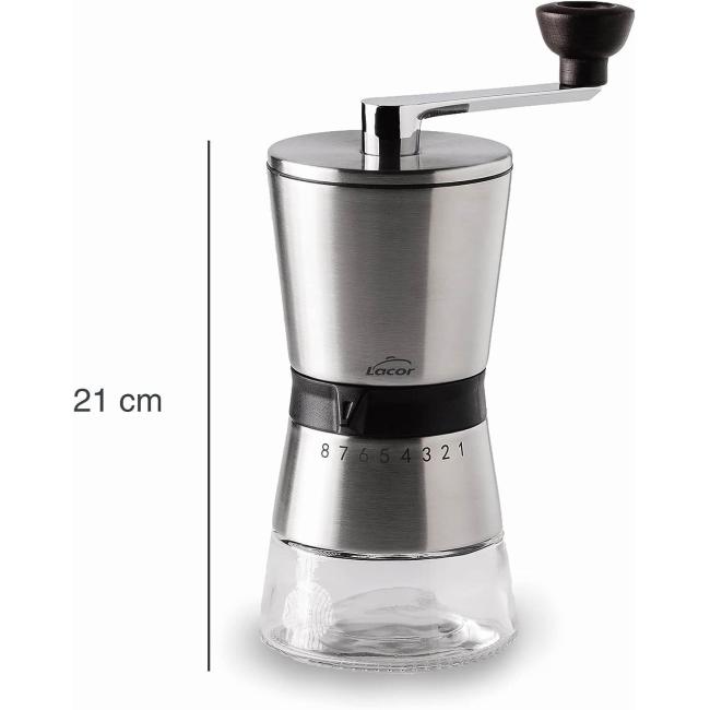 Мелничка за кафе, ръчна, инокс/стъкло, 45гр, 21см – Lacor 