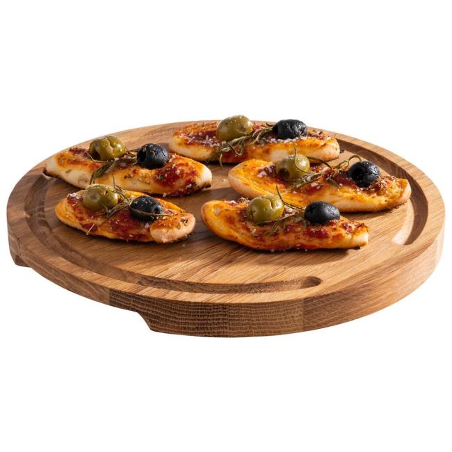 Дървена дъска за сервиране на пица с улей за сок/течности, ф24см, h2см, „PIZZA“ – APS