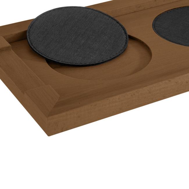 Дървена поставка за гарафи с 3 кожени кръгли подложки (ф11см), 47x19x2см, тъмен дъб - APS 
