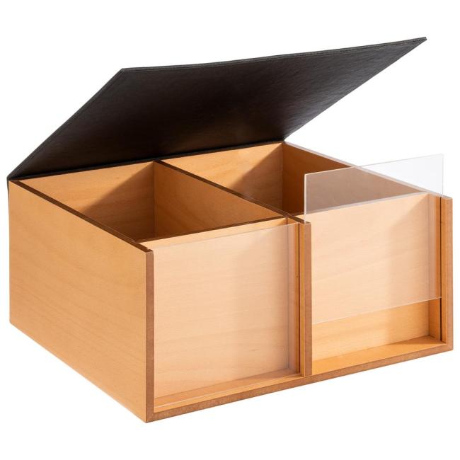 Дървена кутия за бюфет с 2 отделения, 2 подвижни акрилни прозорци и капак, имитиращ кожа, дърво/кожа/акрил, правоъгълна, 36x33,5xh16см, светъл дъб, „TOAST BOX“  – APS 