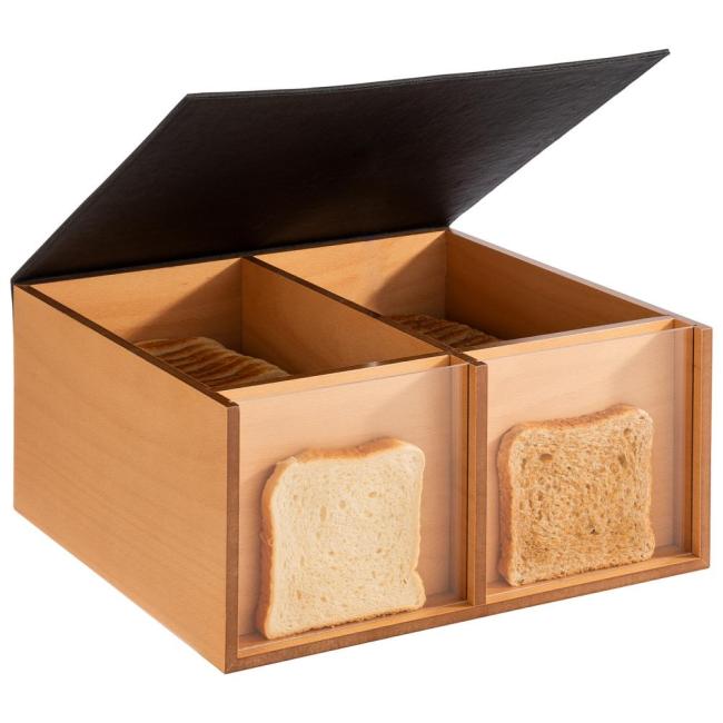 Дървена кутия за бюфет с 2 отделения, 2 подвижни акрилни прозорци и капак, имитиращ кожа, дърво/кожа/акрил, правоъгълна, 36x33,5xh16см, светъл дъб, „TOAST BOX“  – APS 
