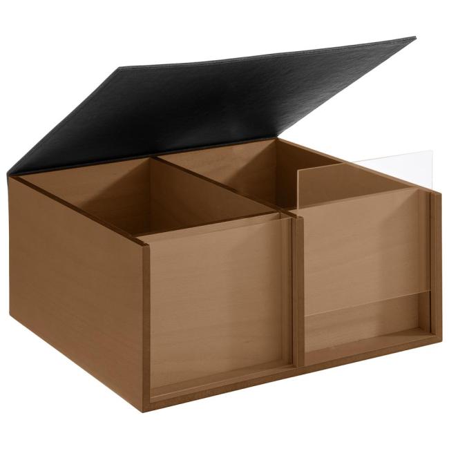 Дървена кутия за бюфет с 2 отделения, 2 подвижни акрилни прозорци и капак, имитиращ кожа, дърво/кожа/акрил, правоъгълна, 36x33,5xh16см, тъмен дъб, „TOAST BOX“  – APS