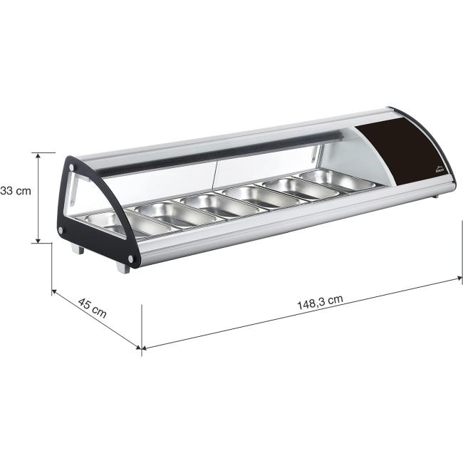 Електическа хладилна витрина, 220-240V, 50Hz, 6 x GN 1/3, 0°C - 12°C, R600a, 148,3x45x33см, 39кг, REFRIGERADA – Lacor