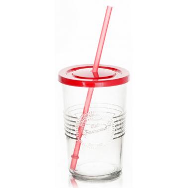 Стъклена чаша 590мл с пластмасов капак и сламка червена OLD FASHIONED-(212615D)