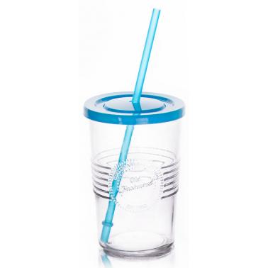 Стъклена чаша  с пластмасов капак и сламка синя 590мл OLD FASHIONED-(212615D)   - Horecano