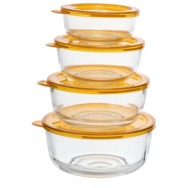 Комплект от 4 стъклени купи с капак, 360мл, 650мл, 1,05л, 1,5л, оранжево, КС-(CW04032/BHA) - Horecano